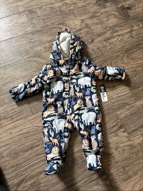Navy Baby Snowsuit with Safari Animal Print